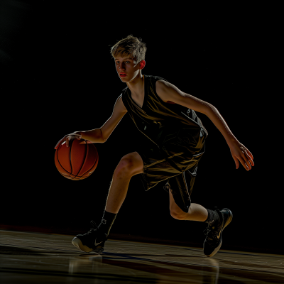 Teenage boy practicing basketball dribbling