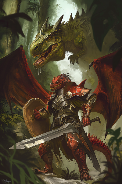 Dragonborn Paladin with T-Rex in Jungle