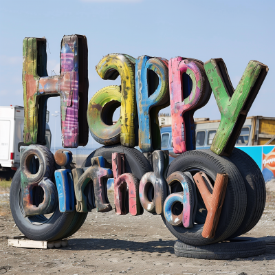 Happy Birthday spelled with old tires