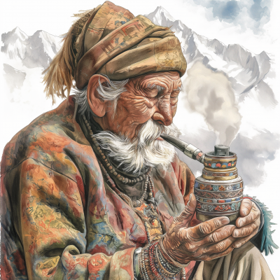 Old Ladakhi Man with Prayer Wheel