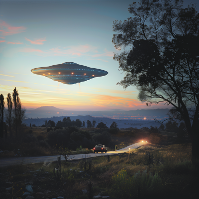 UFO Over Rural Landscape at Dusk