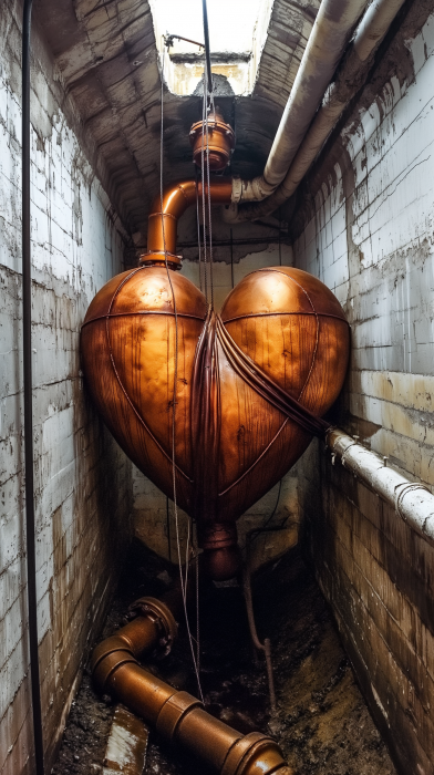 Steampunk Metal Heart in Dark Sewer Chamber