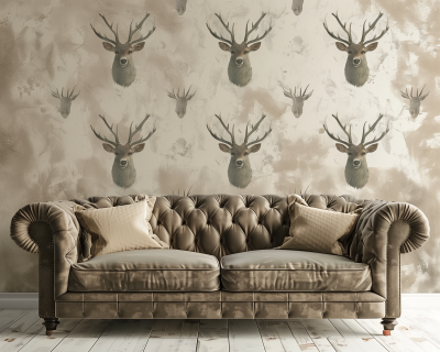 Vintage Living Room with Deer Pattern Wallpaper