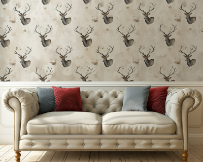 Vintage Living Room with Deer Wallpaper