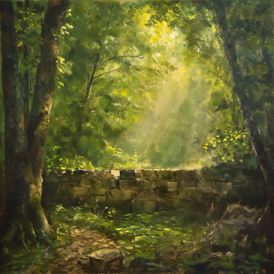 Warm Oil Painting in Ancient Tree Forest