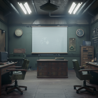 Military Briefing Room with Blank Projector Screen