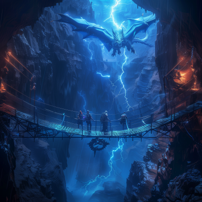 Fantasy Adventure Crossing Chasm with Blue Dragon