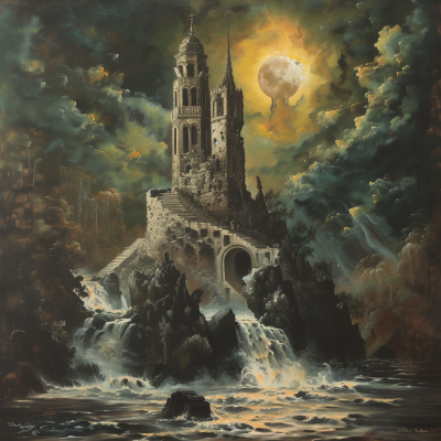 Bell Tower on Shore in Henry Fuseli Style