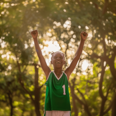 Young Basketball Girl in Green Jersey Celebrating with Dual Light