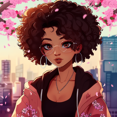 Illustrated Twitch Avatar with Afro Hair and Sakura Theme