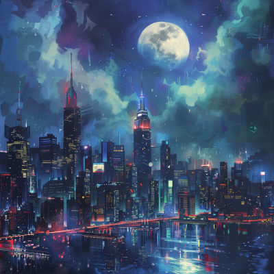 Cyberpunk Cityscape with Full Moon