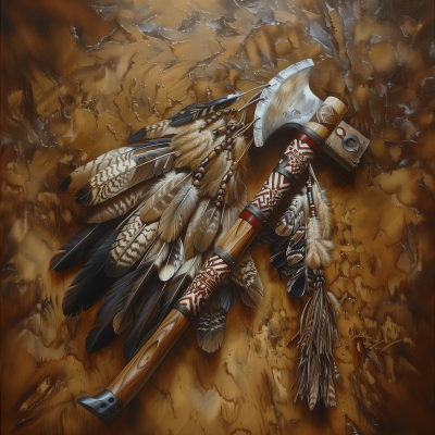 Tomahawk with Eagle Feathers Oil Painting