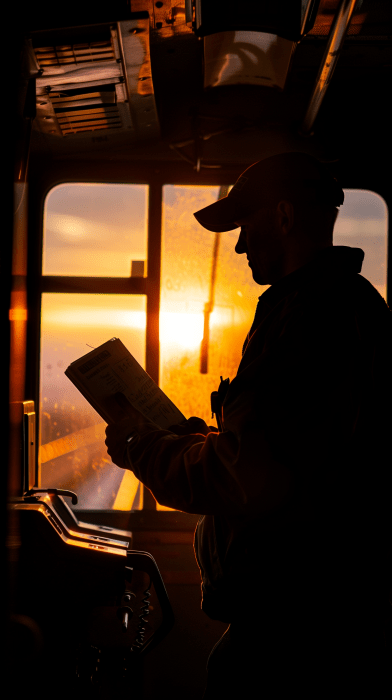 Silhouette inspecting notebook in diesel locomotive cabin