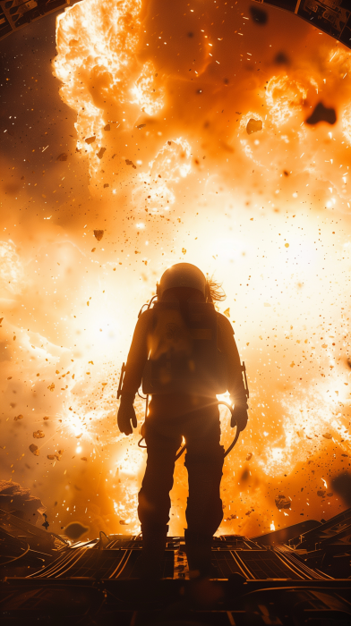 Spaceship Engineer in Explosion Silhouette