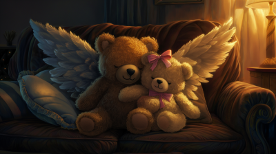 Angel Teddy Bears Cuddling on Couch