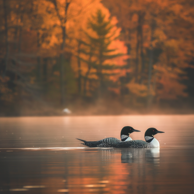 Loons on a Lake at Sunset