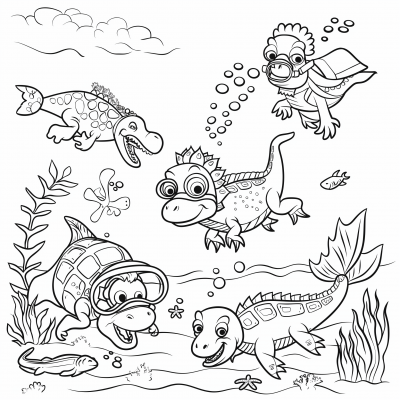 Dinosaurs Scuba Diving Underwater Coloring Page