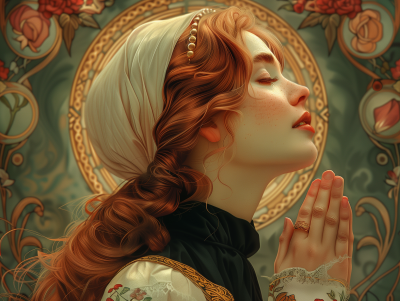 Profile View of a Praying Woman in Alphonse Mucha Nouveau Style