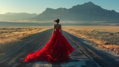 Woman in Red Ballgown on Abandoned Highway