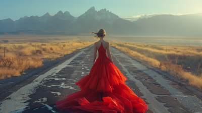 Red Ballgown on Abandoned Highway