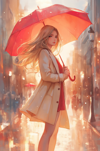 Woman with Red Umbrella in the Rain
