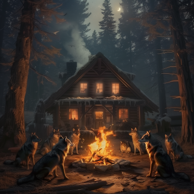 Wolves Gathering Around Firepit in the Woods Banner