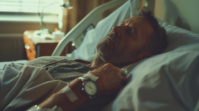 Man in Hospital Room Looking at Watch