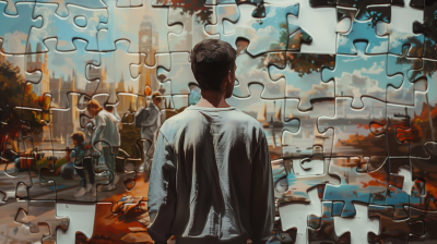Man Looking at Hyper Realistic Puzzle