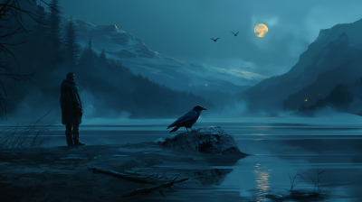 Nighttime Lake Scene with Man and Raven
