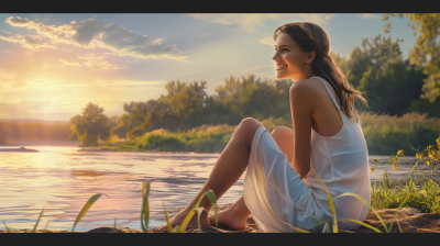 Radiant Woman by the Riverbank
