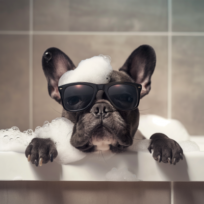 French Bulldog Puppy in Sunglasses in Bathtub with Bubbles