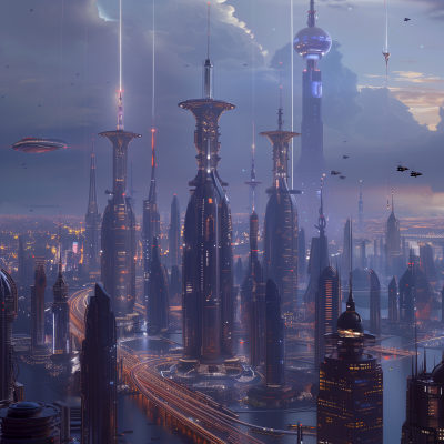 Futuristic Cityscape with Space Elevators