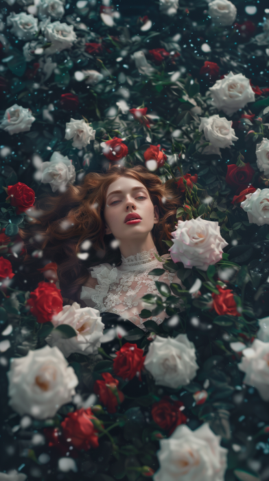 Woman surrounded by roses in snowy background