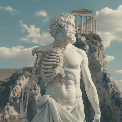 Surreal Greek God Statue with Skeleton