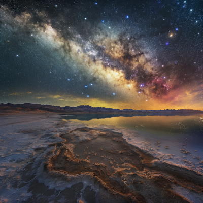 Colorful Salt Lake under Starry Sky