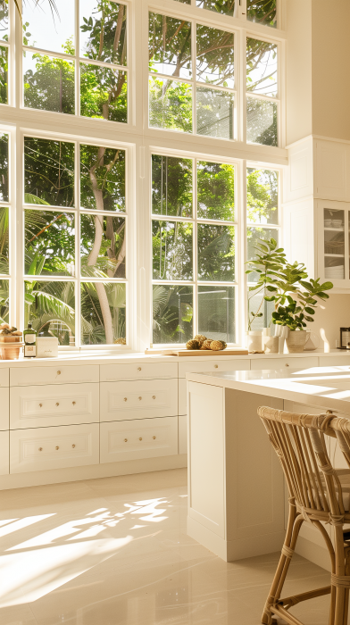 Transitional White Kitchen with African View