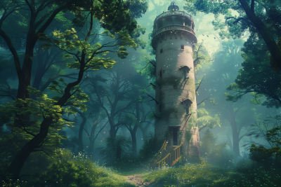 Fantasy Anime Cylindrical Tower in Forest