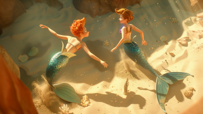 Two short hair mermaids swimming in sand