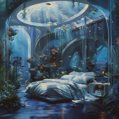 Underwater Bedroom with Fish and Futuristic Tech