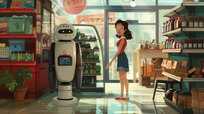 Young Woman with Robot in Convenience Store