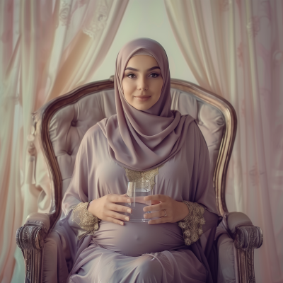 Pregnant Woman in Hijab Drinking Water