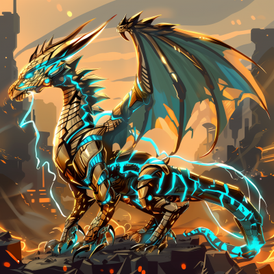 Cybernetic Dragon in Fiery Cityscape