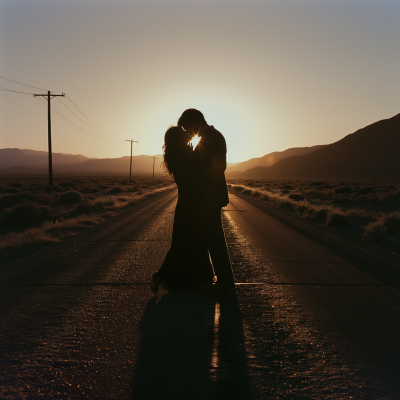 Romantic sunset kiss in the desert