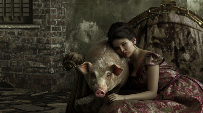 Vintage Scene with Woman and Pig
