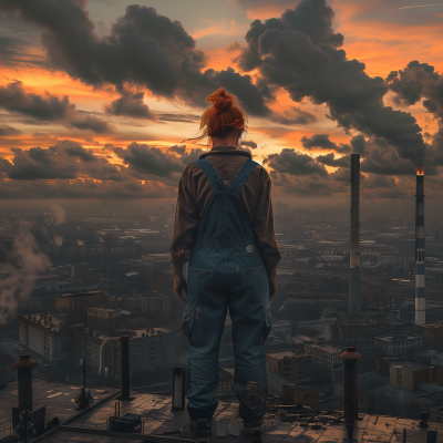 Ginger-haired woman on industrial rooftop