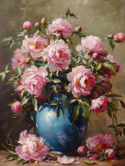 Victorian Pink Peonies in Blue Vase