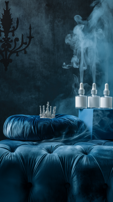 Royal Blue Velvet Cushion with E-liquid Bottles and Crown