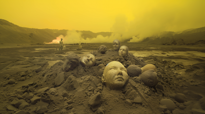 Surreal Heads in Sand Landscape