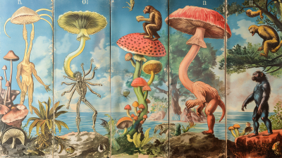 Fantastical Mushroom and Primate Illustration