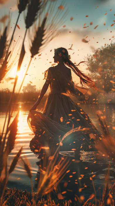 Woman in Flowing Dress by Sunset Lake